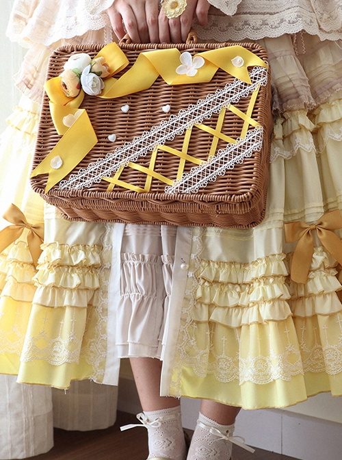 Tasha Garden Series Yellow Ribbon Faux Flowers Classic Lolita Mori Girl Vintage Square Wicker Handbag