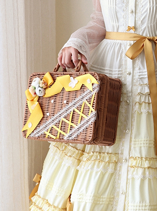 Tasha Garden Series Yellow Ribbon Faux Flowers Classic Lolita Mori Girl Vintage Square Wicker Handbag