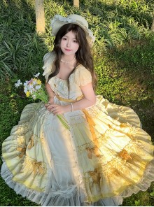 Tasha Garden Series Yellow Gradient Flutter Sleeves Classic Lolita Elegant Mori Vintage Ruffle Layered Dress