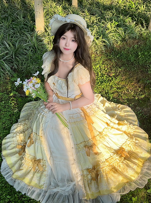 Tasha Garden Series Yellow Gradient Flutter Sleeves Classic Lolita Elegant Mori Vintage Ruffle Layered Dress