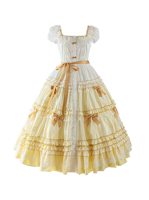 Tasha Garden Series Yellow Gradient Flutter Sleeves Classic Lolita Elegant Mori Vintage Ruffle Layered Dress