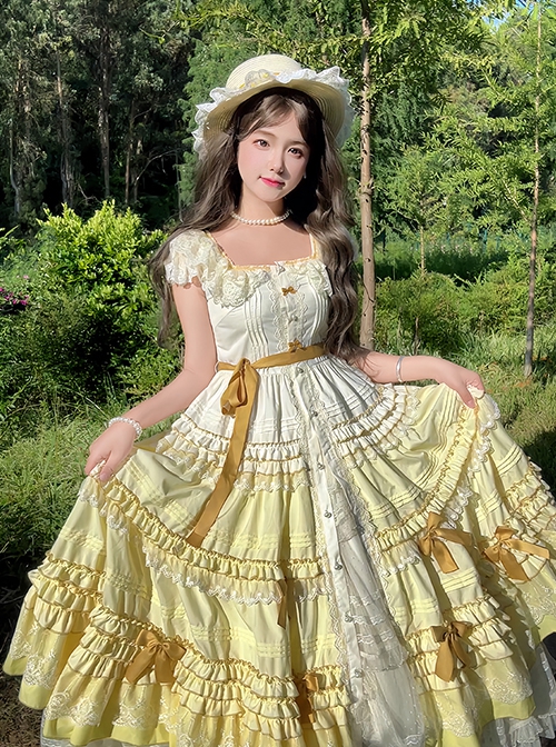 Tasha Garden Series Yellow Gradient Flutter Sleeves Classic Lolita Elegant Mori Vintage Ruffle Layered Dress