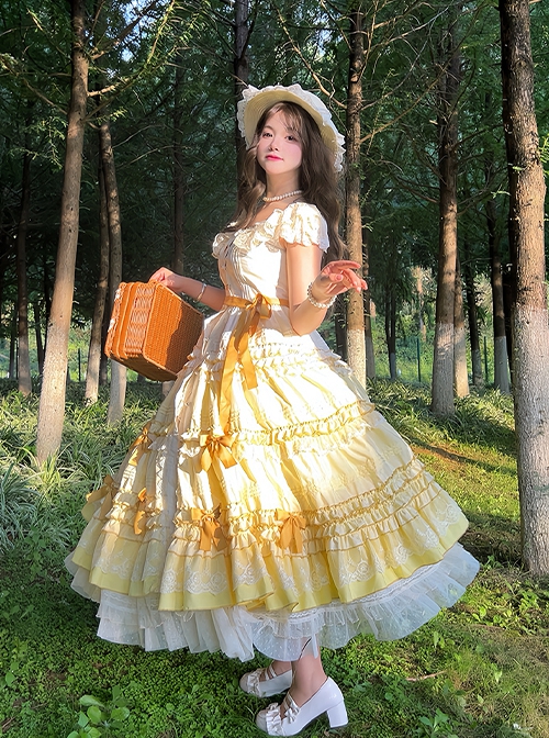 Tasha Garden Series Yellow Gradient Flutter Sleeves Classic Lolita Elegant Mori Vintage Ruffle Layered Dress