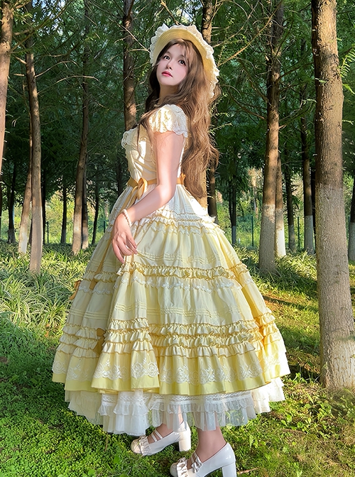 Tasha Garden Series Yellow Gradient Flutter Sleeves Classic Lolita Elegant Mori Vintage Ruffle Layered Dress