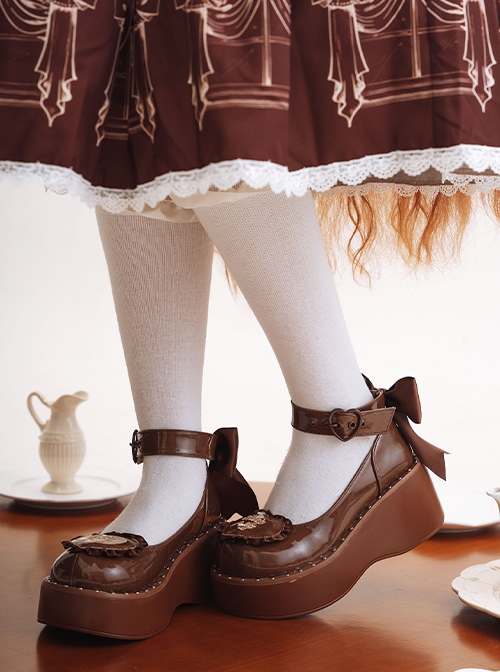 Sweet Pie Series Brown Sweet Lolita Kawaii Heart Bowknot Cute Chunky Heel Thick Platform Shoes