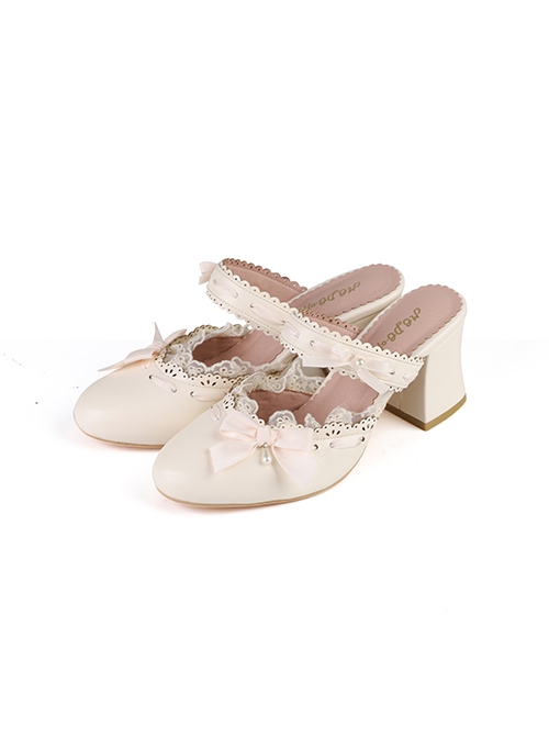 Ode To Spring Series Sweet Lolita Ribbon Bow Lace Pointed Round Toe Elegant Mid Heel Mules Shoes