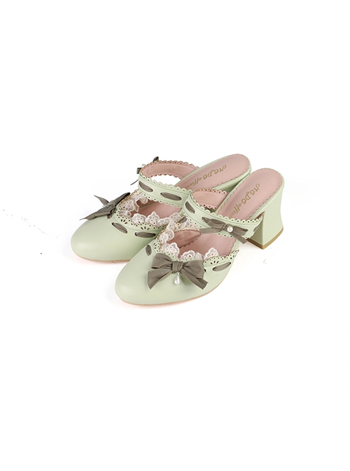 Ode To Spring Series Sweet Lolita Ribbon Bow Lace Pointed Round Toe Elegant Mid Heel Mules Shoes