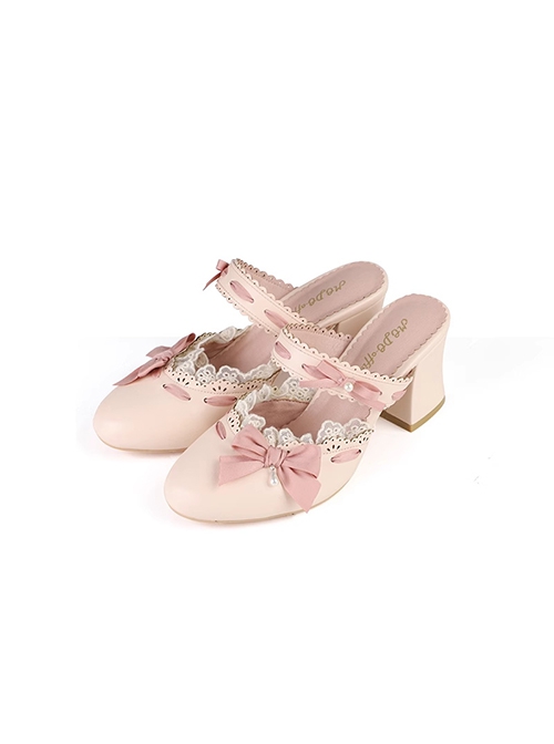 Ode To Spring Series Sweet Lolita Ribbon Bow Lace Pointed Round Toe Elegant Mid Heel Mules Shoes