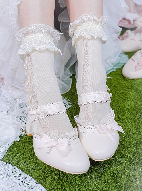 Ode To Spring Series Sweet Lolita Ribbon Bow Lace Pointed Round Toe Elegant Mid Heel Mules Shoes