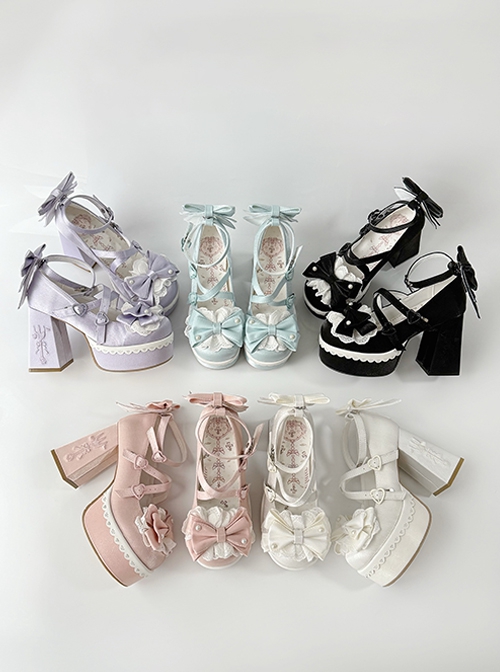 Tea Party Story Series Elegant Sweet Lolita Ribbon Bow Lace Round Toe Platform Heels