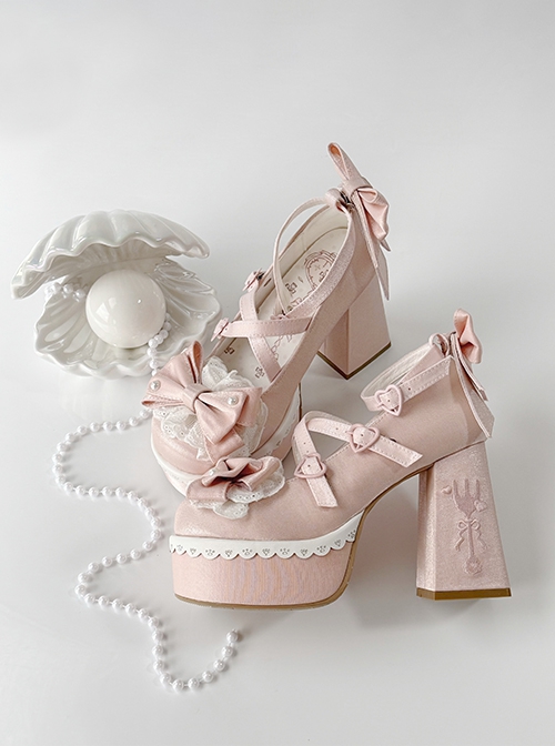 Tea Party Story Series Elegant Sweet Lolita Ribbon Bow Lace Round Toe Platform Heels