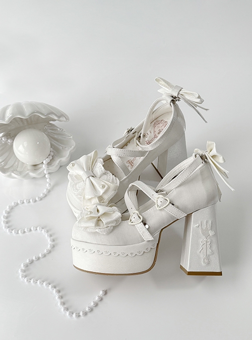 Tea Party Story Series Elegant Sweet Lolita Ribbon Bow Lace Round Toe Platform Heels