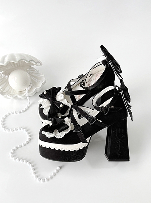 Tea Party Story Series Elegant Sweet Lolita Ribbon Bow Lace Round Toe Platform Heels