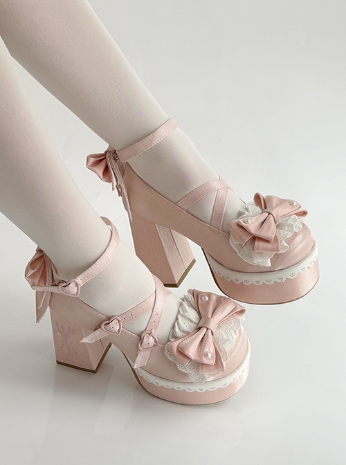 Tea Party Story Series Elegant Sweet Lolita Ribbon Bow Lace Round Toe Platform Heels