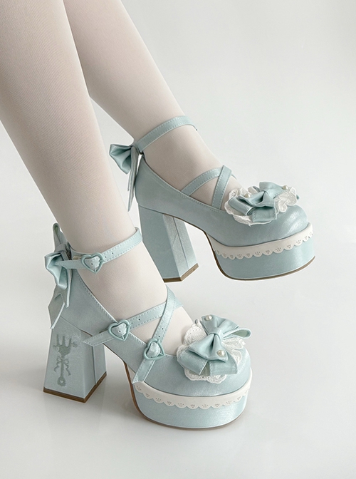 Tea Party Story Series Elegant Sweet Lolita Ribbon Bow Lace Round Toe Platform Heels