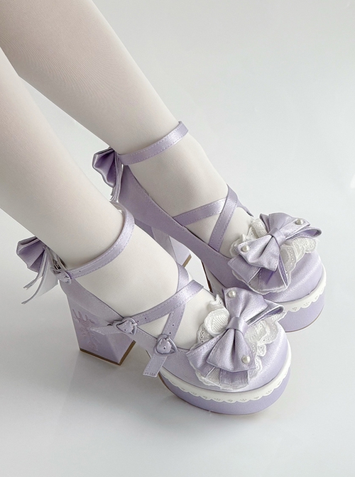 Tea Party Story Series Elegant Sweet Lolita Ribbon Bow Lace Round Toe Platform Heels