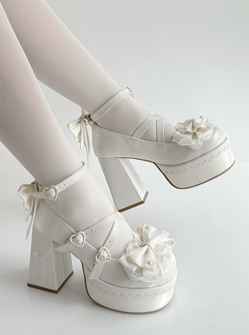 Tea Party Story Series Elegant Sweet Lolita Ribbon Bow Lace Round Toe Platform Heels