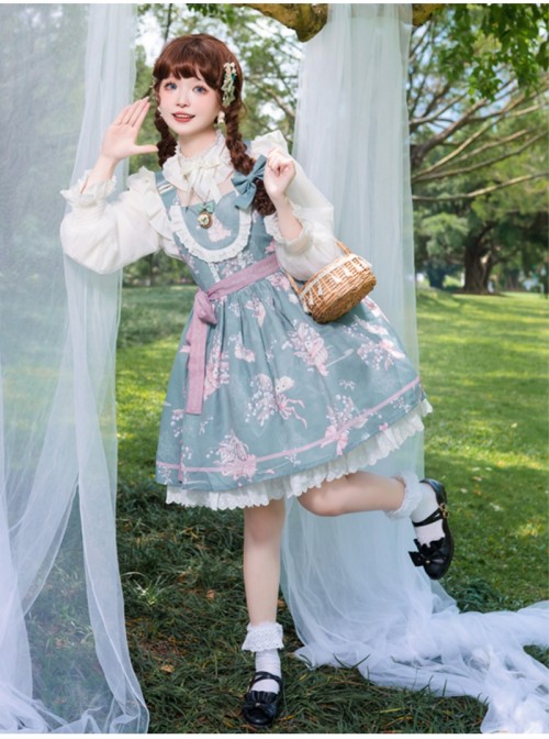 Lily Of The Valley Rabbit Series Spring Sweet Lolita Fresh Print Cute Lace Adjustable Straps Jumper Dress