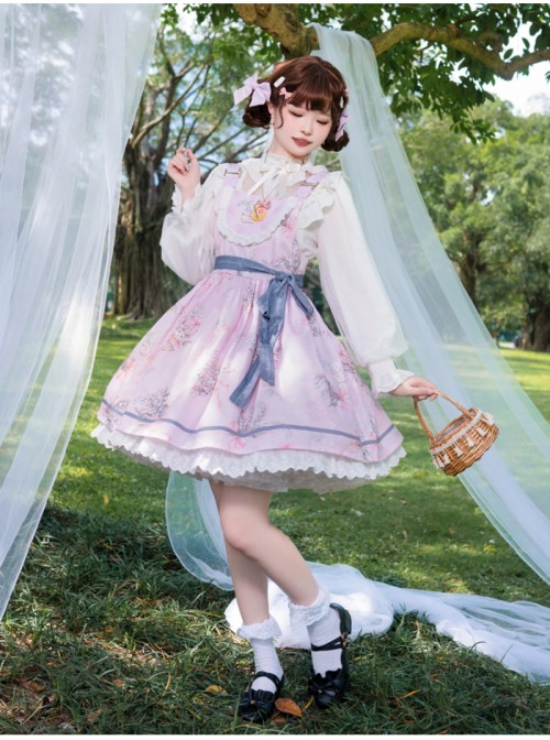 Lily Of The Valley Rabbit Series Spring Sweet Lolita Fresh Print Cute Lace Adjustable Straps Jumper Dress