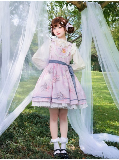 Lily Of The Valley Rabbit Series Spring Sweet Lolita Fresh Print Cute Lace Adjustable Straps Jumper Dress