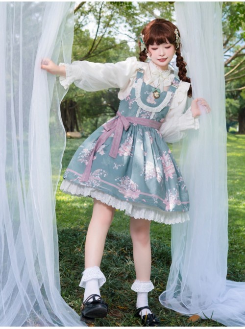 Lily Of The Valley Rabbit Series Spring Sweet Lolita Fresh Print Cute Lace Adjustable Straps Jumper Dress