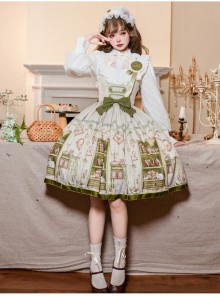 Arlo Bookstore Series Spring Charming Classic Lolita Green Academy Style Book Print Jumper Dress Shirt Set