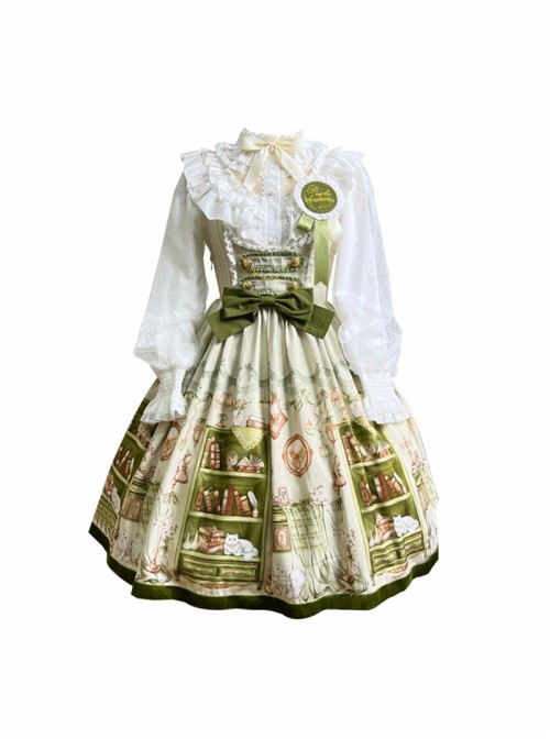 Arlo Bookstore Series Spring Charming Classic Lolita Green Academy Style Book Print Jumper Dress Shirt Set