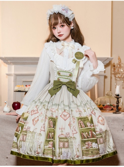 Arlo Bookstore Series Spring Charming Classic Lolita Green Academy Style Book Print Jumper Dress Shirt Set