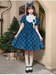 Showa Girl Series Sweet Lolita Japanese Style Retro Cute Little Idol Bubble Sleeves Plaid Summer Dress