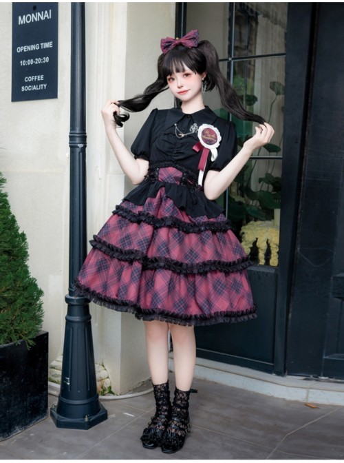 Margaret Series Sweet Lolita Jirai Kei Little Idol Stage Outfit Plaid Puff Sleeves Dress Top Set