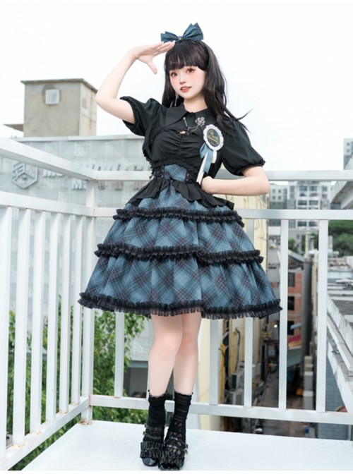 Margaret Series Sweet Lolita Jirai Kei Little Idol Stage Outfit Plaid Puff Sleeves Dress Top Set