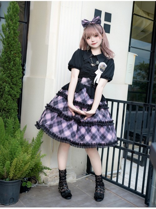 Margaret Series Sweet Lolita Jirai Kei Little Idol Stage Outfit Plaid Puff Sleeves Dress Top Set