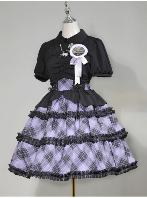 Margaret Series Sweet Lolita Jirai Kei Little Idol Stage Outfit Plaid Puff Sleeves Dress Top Set