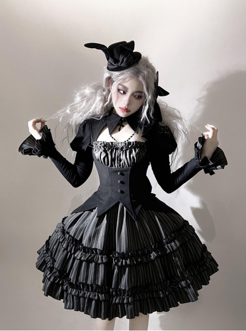 Spooky Rabbit Duke Series Gothic Lolita Halloween Dark Black Sweet Cool Fitted Waist Bubble Sleeve Dress