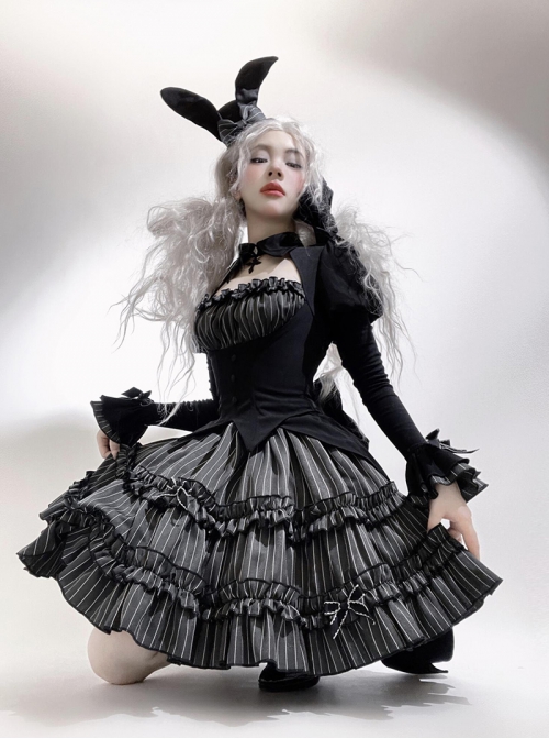 Spooky Rabbit Duke Series Gothic Lolita Halloween Dark Black Sweet Cool Fitted Waist Bubble Sleeve Dress