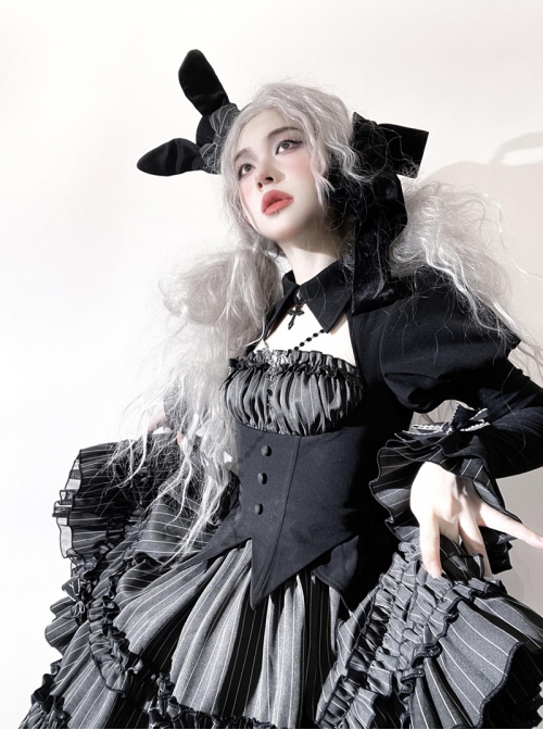 Spooky Rabbit Duke Series Gothic Lolita Halloween Dark Black Sweet Cool Fitted Waist Bubble Sleeve Dress