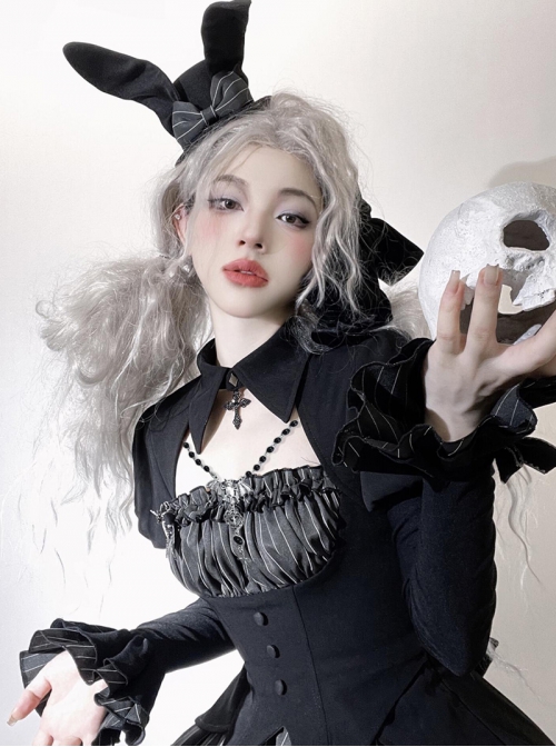 Spooky Rabbit Duke Series Gothic Lolita Halloween Dark Black Sweet Cool Fitted Waist Bubble Sleeve Dress