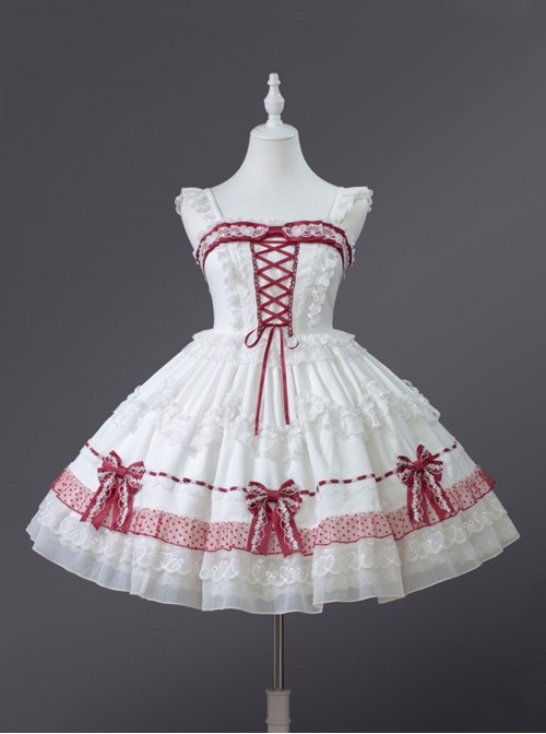 Berry Fufu Tata Series Sweet Lolita Red White Strawberry Polka Dot Princess Sleeveless Lace Camisole Dress