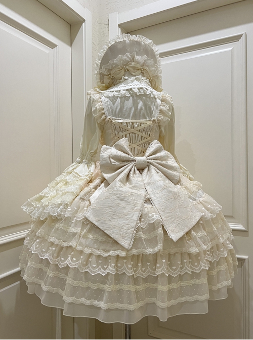 Dream Prologue Series Classic Lolita Dreamy Princess Gorgeous Heavy Ruffle Big Sleeves Lace Bowknot JSK Dress Bonnet Set