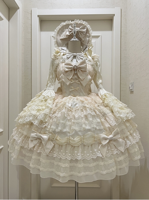 Dream Prologue Series Classic Lolita Dreamy Princess Gorgeous Heavy Ruffle Big Sleeves Lace Bowknot JSK Dress Bonnet Set