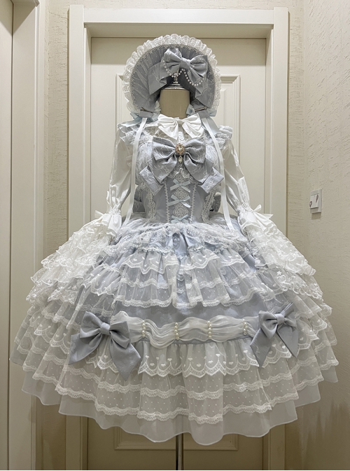 Dream Prologue Series Classic Lolita Dreamy Princess Gorgeous Heavy Ruffle Big Sleeves Lace Bowknot JSK Dress Bonnet Set