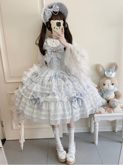 Dream Prologue Series Classic Lolita Dreamy Princess Gorgeous Heavy Ruffle Big Sleeves Lace Bowknot JSK Dress Bonnet Set