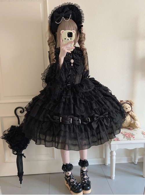 Dream Prologue Series Classic Lolita Dreamy Princess Gorgeous Heavy Ruffle Big Sleeves Lace Bowknot JSK Dress Bonnet Set