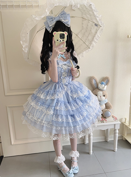 Love Overture Series Elegant Sweet Lolita Gorgeous Princess Layered Mesh Lace Ribbon Ballet Bow Ruffle Hem Strap Dress