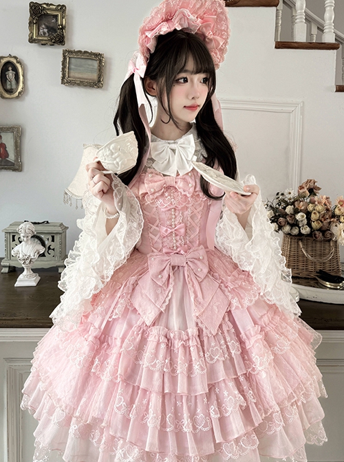 Love Overture Series Elegant Sweet Lolita Gorgeous Princess Layered Mesh Lace Ribbon Ballet Bow Ruffle Hem Strap Dress