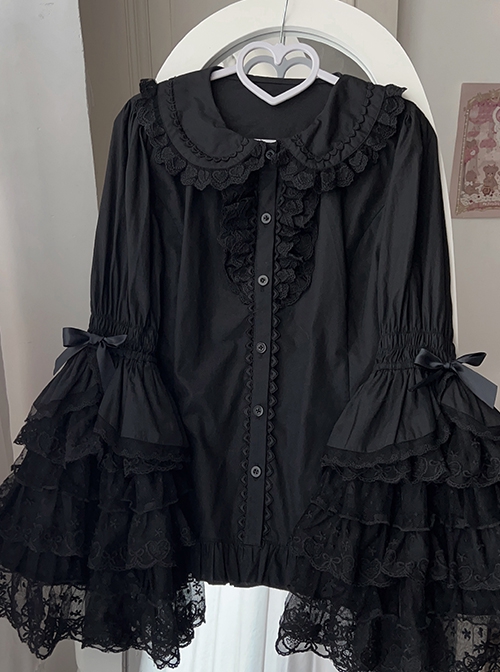 Love Overture Series Sweet Lolita Adorable Doll Collar Gorgeous Lace Bowknot Ruffle Hem Large Sleeves Blouse