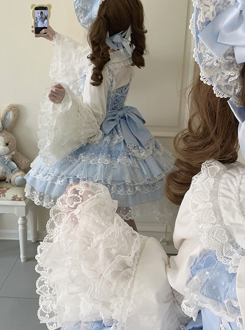 Love Overture Series Sweet Lolita Adorable Doll Collar Gorgeous Lace Bowknot Ruffle Hem Large Sleeves Blouse