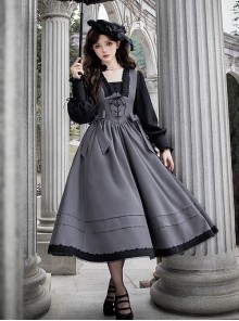 Mist Chronicle Series Elegant Classic Lolita European Square Collar Grayish Black Patchwork Faux Two Piece Long Dress