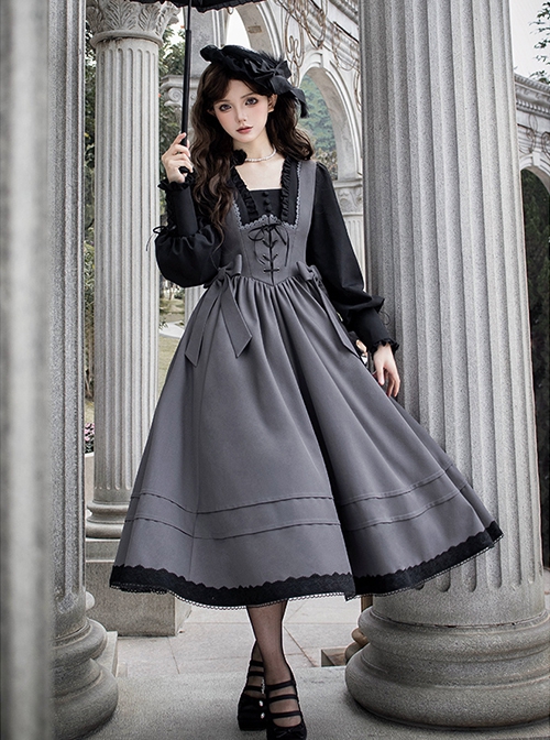 Mist Chronicle Series Elegant Classic Lolita European Square Collar Grayish Black Patchwork Faux Two Piece Long Dress