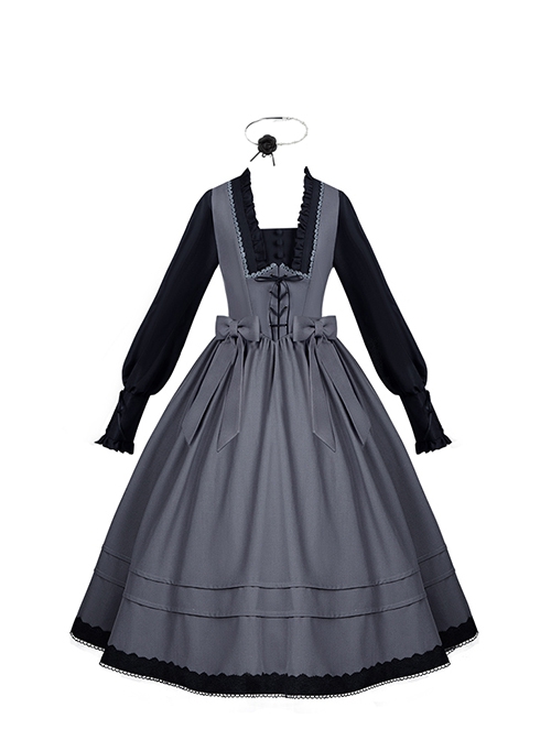 Mist Chronicle Series Elegant Classic Lolita European Square Collar Grayish Black Patchwork Faux Two Piece Long Dress